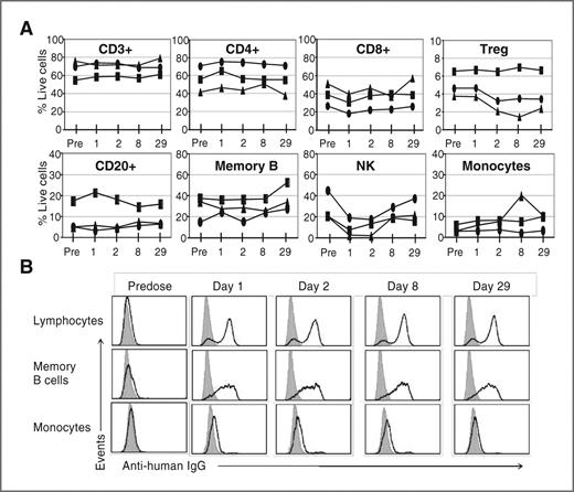 Figure 5. Effect of 1F5 on circulating lymphocytes in cynomolgus macaques. Blood was drawn at various time points from cynomolgus macaques treated with 1F5 mAb (Predose just before administration, 2 hours post dosing on days 1, 2, 8, and 29). A, lymphocytes were stained with subset markers and the% positive cells plotted versus time for each animal treated at the different doses. Black circles, 1 mg/kg; black squares, 3 mg/kg; black triangles, 10 mg/kg. Panel B; Total lymphocytes (based on side and forward scatter size), memory B cells (CD20+ and CD95 bright), and monocytes (based on side and forward scatter size) were stained with anti-human IgG-specific secondary antibody (bold line) and compared with unstained controls (shaded histogram) using flow cytometry analysis.