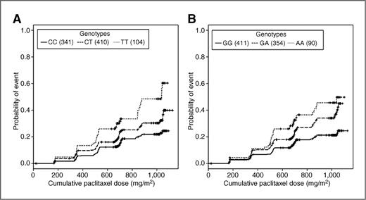 Figure 1. The EPHA5 rs7349683 C>T and FGD4 rs10771973 G>A polymorphisms are associated with an increased probability of developing paclitaxel-induced grade 2 or greater sensory peripheral neuropathy. The probability of the first instance of grade 2 or greater neuropathy as a function of cumulative paclitaxel dose (corrected for body surface area) is shown for each genotype. Results are shown for (A) rs7239683 (per allele HR = 1.63; 95% CI, 1.34–1.98; P = 9.6 × 10−7) and (B) rs10771973 (per allele HR, 1.57; 95% CI, 1.30–1.91; P = 2.6 × 10−6) in the discovery set. The number of individuals with each genotype is noted in parentheses.