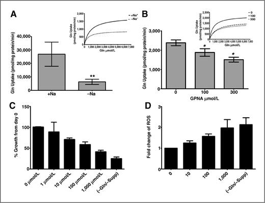 Figure 2. Gln uptake is Na+-dependent and mediated partially by SLC1A5. To examine if intracellular transportation of Gln, human ADC A549 cells were seeded at the indicated cell densities into 24-well culture plates (0.5 mL/well). A, the Na+-dependent uptake of 1.6 mmol/L of Gln was monitored for 3 minutes at 37°C. Each point represents the average ± SEM for quadruplicate determinations. This figure also illustrates the Michaelis–Menten kinetics of glutamine rates in cholKRP (−Na+) or NaKRP (+Na+; A, top right), and (+Na+) > (−Na+).**, P < 0.005 (n = 3). B, Vmax values of Gln uptake kinetics of A549 cells in the presence of 0, 100, and 300 μmol/L GPNA and the top right panel shows the Michaelis–Menten kinetics of glutamine rates. C, dose–response inhibition of % growth of A549 after incubation in full-growth media (+Gln+supp) containing increasing doses of GPNA. D, the intracellular ROS levels in A549 cells were measured by measuring the fluorescence signal of H2 DCFDA (Ex488nm/Emiss525nm) using microtiter plate reader after 24 hours of incubation in increasing doses of GPNA. These data are representative of at least 3 independent observations and results are average ± SEM.