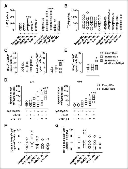Figure 6. IL-10 and TGF-β1 neutralization both restore the ability of HuHuT-DCs to activate anti-HER2 T-cell responses from HER2-CP. IL-10 (A) and TGF-β1 (B) production analyzed by ELISA on supernatants from co-cultures of T cells from healthy subjects (white dots, n = 9) and CP (gray dots, n = 13) with autologous transfected DCs, collected at day 3. *, P < 0.05; ***, P < 0.0001. C and D, DCs from HER2-CP were transfected with HuHuT () or empty plasmid ()and cultured with autologous T cells in the presence of neutralizing mAb for IL-10 and/or TGF-β1 or control isotypes. C, percentage of IFNγ+ and perforin+ cells in CD8+ T gated cells (left and right). *, P < 0.05. D, IFNγ response evaluated by ELISPOT assay in response to T2 cells loaded with E75 and GP2 peptides was compared with that elicited by RHuT-DCs. *, P < 0.05; **, P < 0.001 compared with empty-DCs. E, percentage of IFNγ+ cells in CD4+ T gated cells. *, P < 0.05. Percentage of (F) IL-10 and (G) TGF-β–positive cells in CD4+Foxp3+ gated cells. *, P < 0.05; **, P < 0.001 compared with empty-DCs.