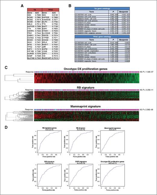 Figure 1. Top predictive markers of pathological response in patients treated with taxane/anthracycline based therapies: A, gene expression data were mined to define genes with the top-ranked ROC characteristics in cases treated with TA and TFAC. The top 20 genes and their associated AUC values are shown for two cohorts. B, gene ontology analysis was performed on the top 150 predictive genes identified in each cohort. C, the indicated gene expression signatures were used to cluster cases based on signature expression value. The Kolmogorov–Smirnov (KS) statistic was used to determine the association of the signature value with clinical response. D, ROC curves of the indicated gene signatures that are enriched for cell-cycle/proliferation associated genes.