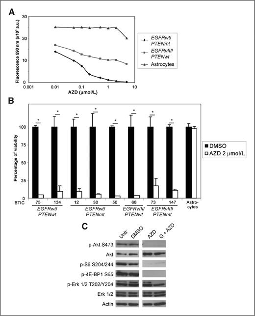 Figure 2. Dual inhibition of mTORC1/2 with AZD dramatically reduces BTIC viability. A, AZD reduced cell viability in both EGFRvIII/PTENwt and EGFRwt/PTENmt BTICs in a dose-dependent manner. B, alamarBlue conversion was significantly reduced by 2 μmol/L AZD in all BTICs regardless of EGFR and PTEN status (*, P < 0.05; t test). C, AZD effectively inhibited phosphorylation of Akt in addition to S6 and 4E-BP1.