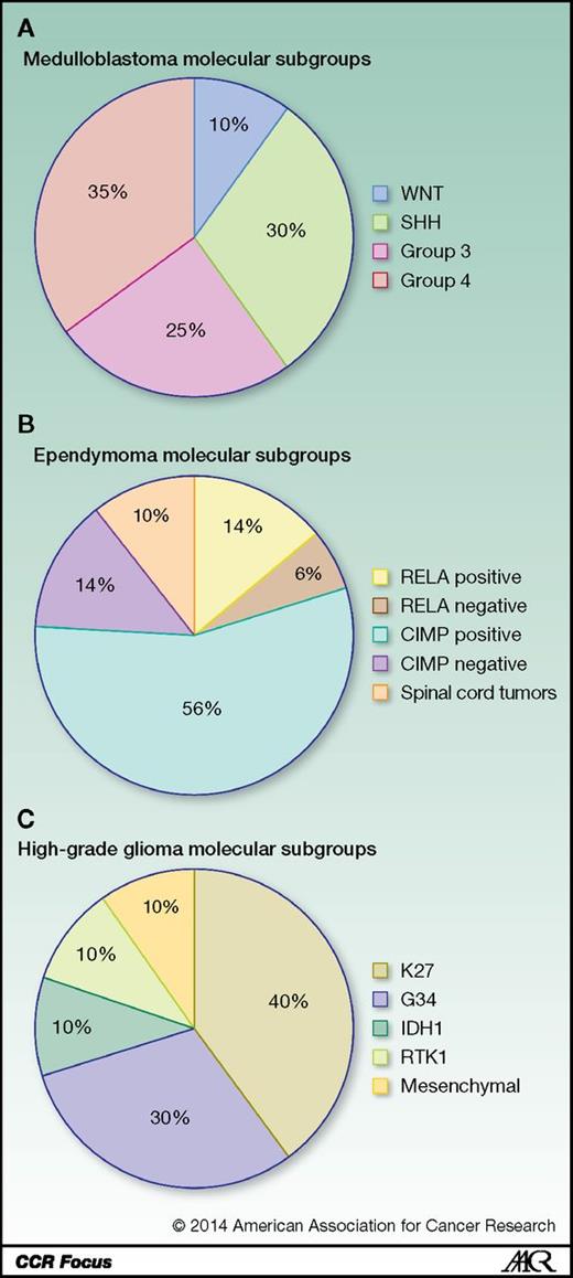 Figure 1. Proportion of patients that comprise the different molecular subtypes of (A) medulloblastoma, (B) ependymoma, and (C) high-grade glioma.