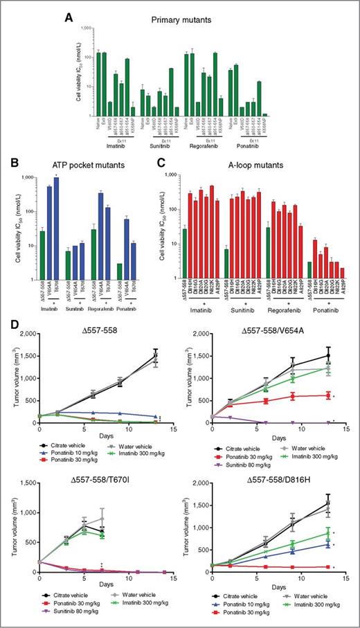 Figure 1. Ponatinib potently inhibits a broad spectrum of KIT primary activating and secondary resistance mutants in vitro and in vivo. IC50 values (nmol/L) of imatinib, sunitinib, regorafenib, and ponatinib in Ba/F3 cells harboring (A) native or primary mutant KIT alone (green bars), (B) exon 11 (Δ557–558) + ATP pocket secondary mutants (blue bars), and (C) exon 11 (Δ557–558) + A-loop secondary mutants (red bars). The cell lines were treated with increasing concentrations of the drug for 3 days followed by cell viability assessment using the MTT assay. Data are shown as mean ± SD from 3 separate experiments. D, in vivo efficacy of ponatinib, imatinib, and sunitinib in subcutaneous tumor models using Ba/F3 KIT-mutant cells. Imatinib (300 mg/kg) was used as a comparator to ponatinib (30 mg/kg) in all 4 models. On the basis of in vitro potencies, sunitinib was included as a second comparator in 2 models (Δ557–558/V654A and Δ557–558/T670I) in which imatinib was expected to be nonefficacious, and a lower dose of ponatinib (10 mg/kg) was also tested in the Δ557–558 and Δ557–558/D816H models. Tumor-bearing animals were treated once daily by oral gavage with vehicle or the indicated doses of drug for 12 days. Mean tumor volume and SEM are plotted. Each treatment group was compared with the relevant vehicle group using 1-way ANOVA, with statistical significance (P < 0.05) indicated by an asterisk.