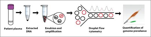 Figure 1. Plasma genotyping using ddPCR. cfDNA is extracted from a plasma specimen and emulsified with oil into thousands of droplets, each containing approximately 0 to 1 molecules of target DNA. PCR is performed to endpoint in each droplet. These droplets are run through a flow cytometer, in which droplets containing mutant and wild-type DNA emit different colored signals. The count of these signals allows quantification of allelic prevalence.