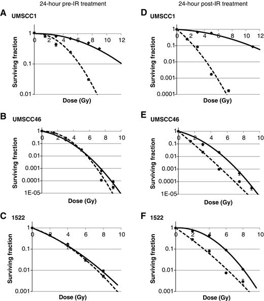 Figure 1. Radiation survival curves for cell lines treated with PF-05212384 (10 μmol/L, dashed curve) or with DMSO control (0.1%, solid curve) for 24 hours before irradiation [pre-IR treatment, (A–C) UMSCC1, UMSCC46, and 1522], or for 24 hours following irradiation [post-IR treatment, (D–F) UMSCC1, UMSCC46, and 1522]. Data representative of 2 to 3 independent experiments fitted using the linear quadratic model. DMFs and drug treatment toxicities are shown in Table 1.