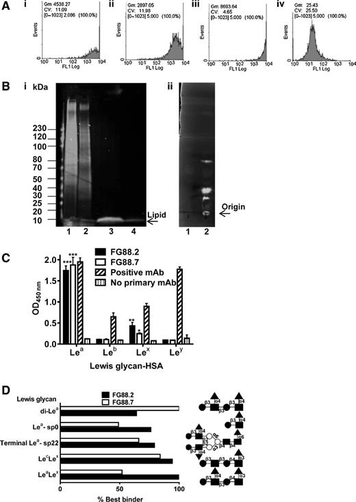 Figure 1. A, cell-surface binding of FG88 hybridoma supernatants. Binding was assessed by flow cytometry on COLO205 cells by (i) FG88.2 and (ii) FG88.7 hybridoma supernatants. mAb SC104 (iii) and mouse IgG (iv), both at 3.3 × 10−8 mol/L were positive and negative control, respectively. B, FG88 mAbs recognize Lea, c, x-containing glycans on glycolipid and glycoproteins. i, Western blot analysis of FG88.2 mAb (3.3 × 10−8 mol/L). Lane 1, COLO205 cell lysates (1 × 105 cells); lane 2, COLO205 plasma membrane (1 × 106 cells); lane 3, COLO205 total lipid extract (1 × 106 cells), and lane 4, COLO205 plasma membrane lipid extract (1 × 106 cells). ii, HPTLC analysis of FG88.2 binding (3.3 × 10−8 mol/L) to cancer cell (2 × 106 cells) glycolipid extracts. Lane 1, AGS; lane 2, COLO205. C, ELISA analysis of binding of FG88 mAbs to Lewis glycan–HSA conjugates. The 7-Le, 225-Le, FG27.18, and FG27.10 mAbs were included as positive controls for Lea, Leb, Lex, and Ley, respectively. The negative control consisted of omission of the primary mAb. Error bars represent the mean ± STD of quadruplicate wells (*, P < 0.05; **, P < 0.01; and ***, P < 0.001 versus control, ANOVA followed by the Bonferroni multiple comparisons test, GraphPad Prism 6. D, Glycan array screening of FG88.2 and FG88.7 (CFG, core H, version 5.1). The top five binding glycans are shown as a percentage of the highest binding glycan with glucosylamine (), galactose (), fucose (), and mannose (). Sp denotes the length of spacer between glycan and slide. The complete results for FG88.2 (42) and FG88.7 (43) have been deposited on the CFG website.