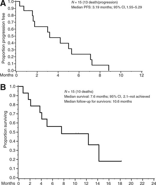 Figure 4. Kaplan–Meier curves showing PFS (A) and OS (B) with panitumumab and vemurafenib combination therapy.