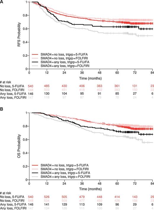 Figure 3. Kaplan–Meier curves for RFS (A) and OS (B) for all patients treated in the 5-FU-FA arm and in the FOLFIRI one by SMAD4 expression status (SMAD4 loss vs. SMAD4 no loss patients).
