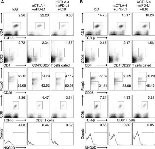 Figure 4. Phenotypic analyses of T cells in the PECs from CT-26 preimplanted mice treated with immune checkpoint blockade and/or IL18. BALB/c mice were intraperitoneally injected with 5 × 104 CT-26 cells in 250 μL of PBS on day 0. Isotype-matched IgG 100 μg, or either αCTLA-4 100 μg, αPD-L1 100 μg, with or without IL18 2 μg in 250 μL of PBS were intraperitoneally administered 3 days after CT-26 inoculation. A, After additional 4 days, PECs were harvested and stained for TCR-β, CD4, CD25, and Foxp3, or TCR-β, CD8, and NKG2D. B, eight days after the treatment and examined for expression of surface molecules in the same way. Similar dot plots or histograms displays are representative of three independent experiments (n = 3; A and B).
