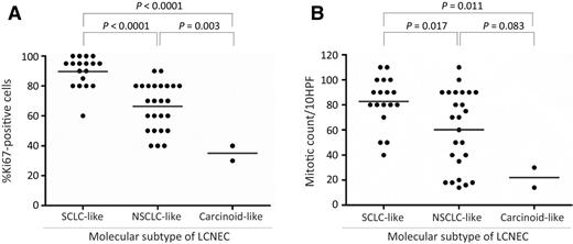 Figure 5. Scatter plots for Ki67 proliferation index (A) and mitotic figure count in LCNEC subsets (B). Lines indicate the mean.