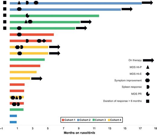 Figure 1. Swimmer plot of clinical response and DoT. Plot demonstrating duration of therapy in months. Legend in plot describes symbols and colors denote cohort. Information regarding treatment discontinuation is located in Supplementary Table S3.