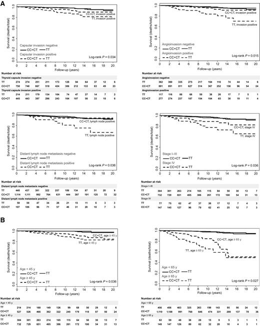 Figure 2. Kaplan–Meier survival curves of the interaction of rs966423 variant with clinicopathological risk factors (A) and age (B) in affecting overall survival of patients with thyroid cancer. In all panels, follow-up time is truncated at 20 years. In each panel, P values are from the log-rank test.