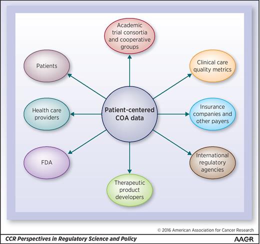 Figure 2. Multiple cancer drug development stakeholders utilize clinical outcome assessments such as PRO data for differing purposes. International stakeholder collaboration is necessary to identify PRO strategies that address the needs of all parties.