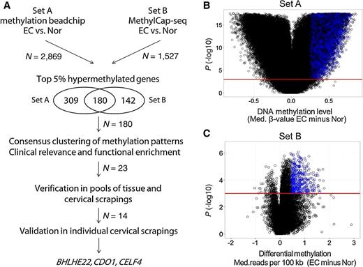 Figure 1. Discovery using methylomics in endometrial cancer tissues. A, Logistics of the discovery of new genes that are hypermethylated in endometrial cancer shown in a flow chart. B and C, Volcano plot showing the distribution of differential methylation between endometrial cancer tissues and adjacent normal (Nor) tissues in Set A (performed using Methylation 450K BeadChip) and Set B (performed using methylation capture sequencing, MethylCap-seq). In Set A, one dot represents the differential methylation status of a CpG site. In Set B, one dot represents the differential methylation status of regions spanning ±1 kb of the TSS. We selected significantly different methylation levels at P ≤ 0.001. The blue dots represent the top 5% difference in hypermethylation in regions spanning ±1 kb of the TSS. N, gene numbers. Med, median.