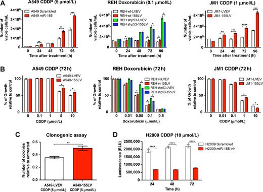 Figure 1. The effect of miR-155 modulation on drug resistance. A, Cell viability and (B) dose–response curves for A549 cells treated with CDDP (left graph), REH cells (wt and shp53) treated with doxorubicin (middle) and JM1 cells treated with CDDP (right). C, Clonogenic assay of A549 cells treated with CDDP. D, Viability assay for H2009 cells treated with CDDP. CDDP, cisplatin; wt, wild-type; shp53, short hairpin for TP53; LVEV, lentivirus empty vector; LV, lentivirus. Error bars, SEM; each assay was performed at least three times.