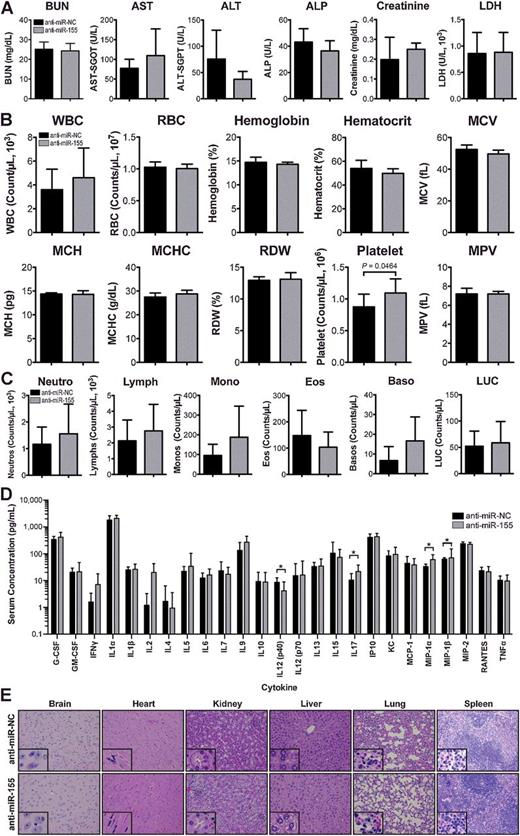 Figure 3. In vivo toxicology assessment of anti-miR-155-DOPC. A, Blood chemistry analyses of BUN, AST, ALT, ALP, creatinine and LDH in mice (n = 5/group) treated with anti-miR-NC-DOPC or anti-miR-155-DOPC. B–C, Hematology analyses consisting of complete blood count (B) including white blood cell (WBC) count, red blood cell (RBC) count, hemoglobin, hematocrit, average volume of RBC (mean corpuscular volume or MCV), average amount of hemoglobin in one RBC (mean corpuscular hemoglobin or MCH), average concentration of hemoglobin in one RBC (MCHC), red cell distribution width (RDW) platelet count and mean platelet volume (MPV), as well as WBC differential count (C) including levels of segmented neutrophils, lymphocytes, monocytes, eosinophils, basophils and large unstained cells (LUC) in mice (n = 10/group) treated with anti-miR-NC-DOPC or anti-miR-155-DOPC. D, Cytokine assay detecting 25 proinflammatory cytokines in the serum of mice (n = 10/group) injected with either anti-miR-NC-DOPC or anti-miR-155-DOPC. E, H&E staining in brain, heart, kidney, liver, lung, and spleen of mice (n = 5/group) treated with anti-miR-NC-DOPC or anti-miR-155-DOPC. Neutro, neutrophils; Lymph, lymphocytes; Mono, monocytes; Eos, eosinophils; Baso, basophils; LUC, large unstained cells. Error bars, SD.