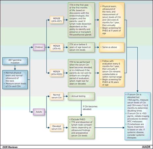 Figure 1. Management of patients with a pathogenic RET germline variant detected on genetic screening. ATA risk categories for aggressive MTC (ATA-H, high risk; ATA-HST, highest risk; ATA-MOD, moderate risk). CEA, carcinoembryonic antigen; Ctn, calcitonin; HPTH, hyperparathyroidism; RET, REarranged during Transfection; TTX, total thyroidectomy. [Reprinted with permission from Wells et al. (41); the publisher for this copyrighted material is Mary Ann Liebert, Inc. publishers].