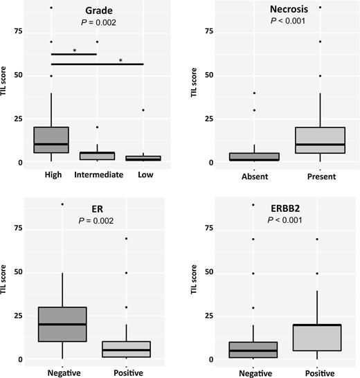 Figure 1. Clinicopathological associations of DCIS with TIL score. Corrected P values; *, P < 0.05.