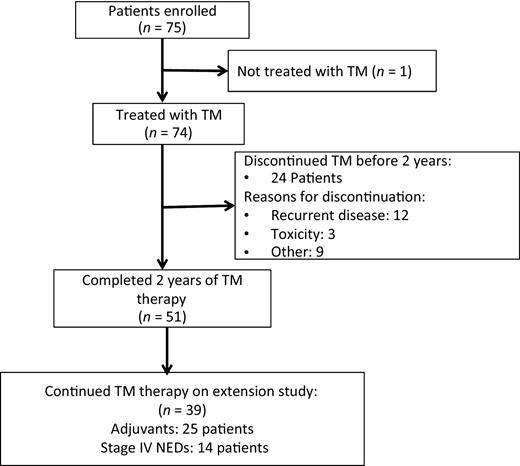 Figure 1. Consort diagram of patients enrolled on the tetrathiomolybdate (TM) trial. This study reports on the first 75 patients who completed the primary 2-year study.