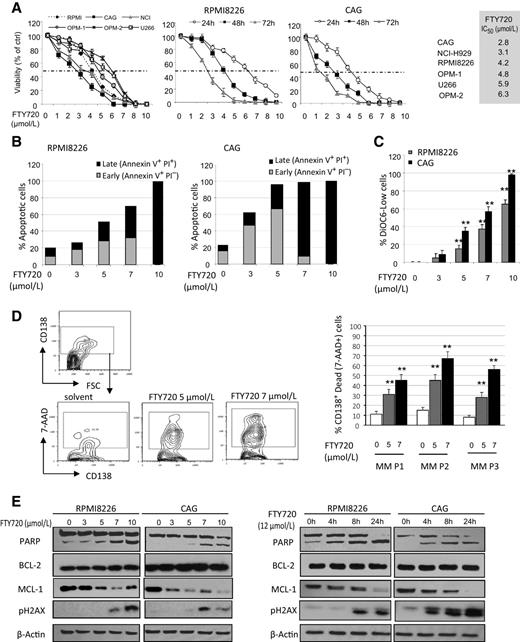 Figure 1. FTY720 suppresses MM viability and induces mitochondrial-involved apoptosis accompanied with DNA damage. A, Growth-inhibitory effect of FTY720 on MM cell lines. Cells were treated with various concentrations of FTY720 for 24, 48, and 72 hours. Cell viability was evaluated using the XTT method. Decreased viability is presented as a percentage from untreated control. IC50 of FTY720 for each MM cell line is presented. B, Apoptosis was detected using Annexin V–APC/PI staining. The percentage of early (Annexin V+/PI−) and late (Annexin V+/PI+) apoptotic cells was determined. C, MM cells were treated with FTY720 (3, 5, 7, and 10 μmol/L) for 24 hours and mitochondrial membrane potential (ΔΨm) was determined using DiOC6 staining. The percentage of apoptotic cells with reduced ΔΨm and subsequent staining intensity was detected. Data are presented as mean of triplicates ±STDEV (**, P < 0.01). D, Primary BM samples from patients with MM (n = 3) were incubated with indicated concentrations of FTY720 for 24 hours. Viability was determined using 7-AAD staining and flow cytometry. The analysis was gated on CD138+ cells. The percentage of dead (7-AAD–positive) CD138+ MM cells is presented as mean of triplicates ±STDEV (**, P < 0.01). E, Western blot analysis of antiapoptotic proteins BCL-2 and MCL-1, apoptotic marker PARP, DNA-damage marker pH2AX and mTOR pathway target pS6 in RPMI826 and CAG MM cells before and after treatment with various doses of FTY720 for 24 hours (left) or treated with fixed concentration of FTY720 (12 μmol/L) at different time points (4 hours, 8 hours, and 24 hours; right). β-Actin was used as an internal control. Representative data from at least two independent experiments are shown.