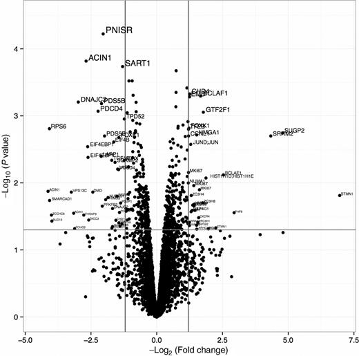Figure 3. Phosphopeptide changes after PQR309 treatment. Volcano plot of differentially expressed phosphoproteins after DMSO or 1 μmol/L of PQR309 treatment in six DLBCL and MCL investigated by mass spectrometry. The horizontal line corresponds to P = 0.05. The vertical line corresponds to a log2-fold change = 1.2. X, log2-fold change. Y, log10 P value.