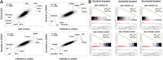 Figure 4. Gene expression changes after PQR309, ibrutinib, idelalisib, or duvelisib exposure in ABC-DLBCL cell lines. A, Scatter plots by log2-fold gene-expression changes in ABC and GCB DLBCL treated with PQR309, PQR309 + DMSO and ibrutinib + DMSO, PQR309 + DMSO and idelalisib + DMSO, PQR309 + DMSO and duvelisib + DMSO. B, GSEA plots for gene-expression signatures obtained in PQR309-treated ABC-DLBCL and then analyzed for their enrichment in ABC-DLBCL exposed to ibrutinib (left), idelalisib (middle), or duvelisib (right). Top, upregulated genes; bottom, downregulated genes. Green line, enrichment score; bars in the middle portion of the plots show where the members of the gene set appear in the ranked list of genes; Positive or negative ranking metric indicates, respectively, correlation or inverse correlation with the profile; NES, normalized enrichment score.