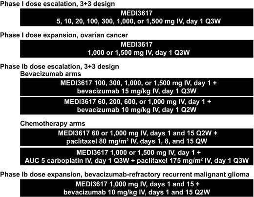 Figure 1. Study schema. Except where indicated, all other cohorts enrolled patients with any advanced solid tumor malignancy. IV, intravenous; QW, once weekly; Q2W, every 2 weeks; Q3W, every 3 weeks.