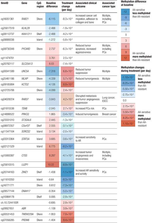 Figure 2. AA-DMPs identified at FDR Q < 0.05 and associated genes. Baseline difference is the difference in percentage of cytosine modification between groups before treatment. Treatment change represents methylation percentage change per day of treatment in AA-sensitive patients. Colored cells reflect significant changes (post hoc analysis P < 0.05). Associated clinical outcome and associated cancer type are based on literature search. P values and references are available in Supplementary Table S3. PCa, prostate cancer; ESCC, esophageal cancer; AR, androgen receptor.