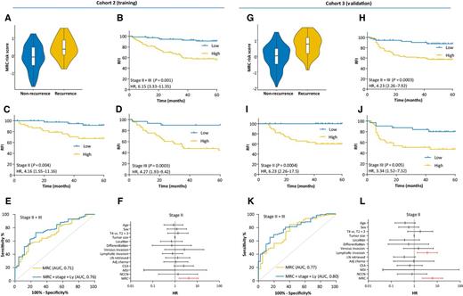 Figure 4. Training and validation of the MRC in the FFPE specimens in clinical cohorts 2 and 3. A and G, MRC risk score violin plots from Cox regression model of the 8-miRNA signature in the training and validation cohorts, respectively. B, C, D and H, I, J, Stage-wise Kaplan–Meier plots for the RFI in the training (N = 165) and validation (N = 139) cohorts—stratified based on the MRC risk scores and (E and K) ROC curves achieved with MRC risk scores as well as its combination with the tumor stage and lymphatic invasion in the training and validation cohorts, respectively. F and L, HRs of the miRNA classifier, NCCN risk classification, and other clinicopathologic variables presented for stage II colorectal cancer from both cohorts. Adj chemo, adjuvant chemotherapy; LN, lymph node; Ly, lymphatic invasion.