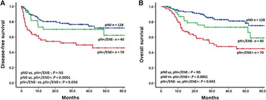 Figure 1. Impact of ENE on survival (UTMDACC cohort). Kaplan–Meier plots for (A) disease-free and (B) overall survival according to lymph node status. P values were calculated by using the log-rank test.