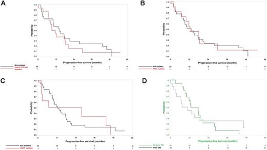 Figure 3. Clinical response to everolimus in aggressive, ATC patients by mutational status and prior TKI use. A–C, Progression-free survival (PFS) among all patients treated with everolimus for aggressive, ATC grouped by the presence of key mutations. D, PFS among patients treated with everolimus by prior tyrosine kinase inhibitor (TKI) exposure.