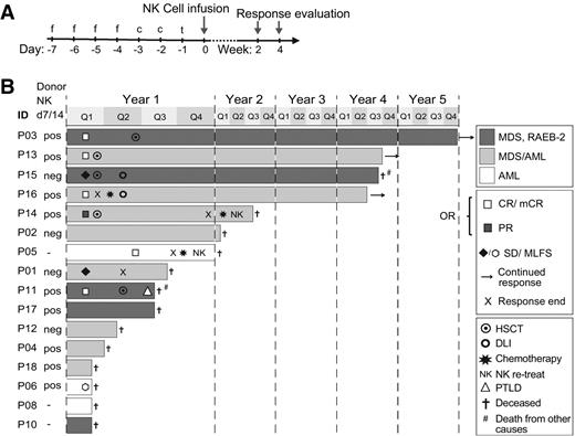 Figure 1. Study design and overview of clinical outcomes. A, The conditioning regimen was initiated at day −7 from NK-cell infusion and consisted of one infusion of fludarabine (f; 25 mg/m2) per day the first 4 days (days −7 to −4) followed by one infusion of cyclophosphamide (c; 25 mg/kg) per day (days −3 to −2) before either 2 or 4 Gray (Gy) total lymphoid irradiation (t) was given at day −1. The NK-cell product was administrated at day 0. Evaluation of clinical responses was done on day 28, with weekly immunologic assessment from week 1 until week 4 from NK-cell infusion. Patients with response were followed monthly thereafter. B, Swimmer plot providing an overview of clinical interventions and outcome. Bars represent type of disease and the time alive after the initiation of therapy. The start and end of disease response, and other clinical events are marked with symbols (see to the right). Detection of donor NK cells by RT-PCR at day (d) 7 or 14 is indicated in the left column. Q, quarter; CR, complete remission; mCR, marrow CR; PR, partial remission with clear hematologic improvement but insufficient time for full hematologic improvement (<8 w) because of rapid subsequent hematopoietic stem cell transplantation (HSCT); SD, stable disease; NK re-treat, retreatment with the protocol due to relapse; Objective responders (CR, mCR and PR); MLFS, morphologic leukemia-free state at early treatment assessment day 14; DLI, donor lymphocyte infusion; PTLD, posttransplant lymphoproliferative disease.