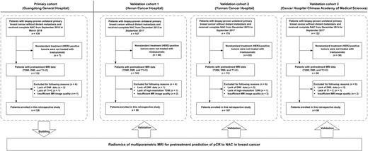 Figure 1. Patient recruitment and study design. In total, 414 of 586 patients with pretreatment multiparametric MRI from four Chinese hospitals were enrolled in this study for model construction and validation.