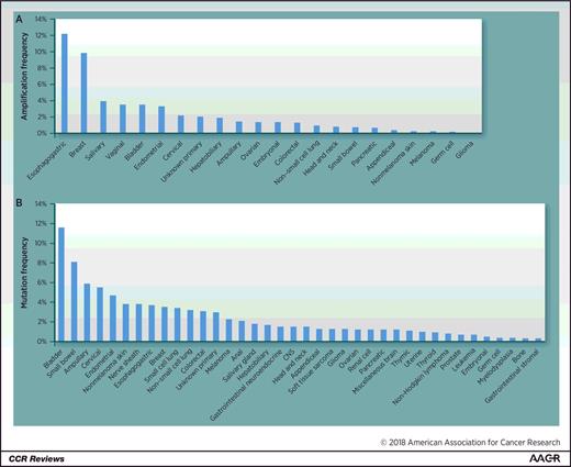 Figure 1. HER2 alterations across tumor types. A, Prevalence of HER2 amplifications across diverse cancer types in a cohort of 37,436 sequenced cases extracted from American Association for Cancer Research (AACR) Project GENIE (version 3.0.0, accessed on July 16, 2018; ref. 12). B, Prevalence of HER2 mutations across diverse cancer types (version 3.0.0, accessed on July 16, 2018). CNS, central nervous system.