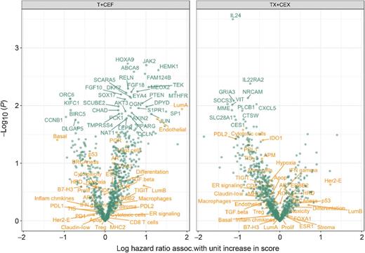 Figure 4. Volcano plot depicting the differential survival analysis of genes and metagenes and their association with RFS within each FinXX treatment arm (arm A: T + CEF vs. arm B: TX + CEX). Horizontal position shows the magnitude of a gene or metagene association with the clinical outcome; vertical position shows −log10 (unadjusted P value) derived from the results of Cox proportional hazard model. The top 50 genes that significantly differentiated benefit versus resistance by unadjusted P value within each of the two FinXX treatment arms are highlighted in green. Genes are plotted against the natural log (ln) of hazard ratio association with unit increase in their score. One-unit change displays the change in 1 standard deviation. Low hazard ratios (left) indicate an association with a longer survival, whereas high hazard ratios (right) indicate an association with a shorter survival.