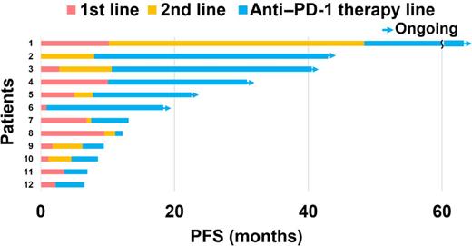 Figure 3. Swimmer plot of PFS times with each line chemotherapy in 12 patients with MMR-D who received subsequent anti–PD-1 therapy.