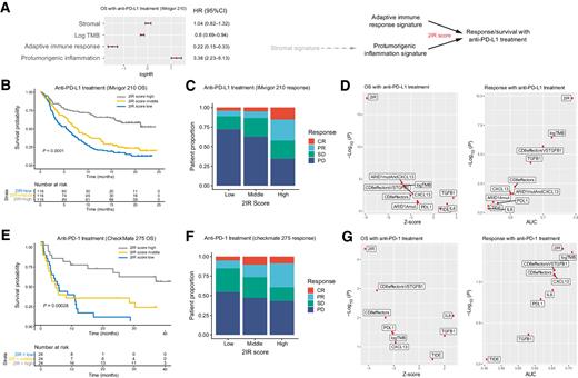 Figure 2. The adaptive immune response and protumorigenic inflammation gene signatures, and the ratio of signature expression termed the 2IR score, are associated with clinical outcomes with PD-1/PD-L1 blockade in patients with metastatic urothelial cancer. A, Multivariable Cox regression model for OS (n = 272 patients with RNA-seq and TMB data), including adaptive immune response, protumorigenic inflammation, and stromal gene signature expression, as well as TMB from the IMvigor 210 cohort (95% CI, 95% confidence interval; error bars represent 95% CI of the HRs). Gene signature expression and TMB were standardized before entering the Cox regression model. The plot indicates log HRs, while annotation provides HRs. Schematic representation of the relationship of the adaptive immune response, protumorigenic inflammation, and stromal gene signatures and outcomes with atezolizumab, indicating potential indirect role of the stromal signature on resistance mediated more directly through the protumorigenic inflammation signature and the 2IR score representing the adaptive immune response:protumorigenic inflammation gene signature expression ratio. B, Kaplan–Meier curve for OS stratified by the 2IR score cut at tertiles in the IMvigor 210 cohort (n = 348 patients with RNA-seq data; log-rank P value shown). C, Objective response rate with PD-L1 blockade in the IMvigor 210 cohort according to the 2IR score (cut at tertiles). For each 2IR score tertile, bar graphs depict the percentage of patients achieving a CR, PR, SD, or PD as the best objective response with PD-L1 blockade. D, The association between each biomarker (or biomarker combination) and OS in the IMvigor 210 cohort was evaluated using the Z-score by univariate Cox regression analysis and the P value by log likelihood ratio test (left). The association between each biomarker and response to PD-L1 blockade (CR/PR vs. SD/PD) was evaluated using the AUC score and the P value by the Wald test in univariate logistic regression (right). E, Kaplan–Meier curves for OS stratified by the 2IR score (cut at tertiles) in the CheckMate 275 cohort (n = 72 patients with RNA-seq data; log rank P value shown). F, Objective response rate with PD-1 blockade in the CheckMate 275 cohort according to the 2IR score (cut at tertiles). For each 2IR score tertile, bar graphs depict the percentage of patients achieving a CR, PR, SD, or PD as the best objective response with PD-1 blockade. G, The association between each biomarker (or biomarker combination) and OS in the CheckMate 275 cohort was evaluated using the Z-score by univariate Cox regression analysis and the P value by log likelihood ratio test (left). The association between each biomarker and response to PD-1 blockade (CR/PR vs. SD/PD) was evaluated using the AUC score and the P value by the Wald test in univariate logistic regression (right).