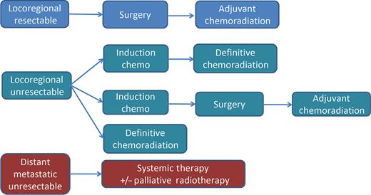 Figure 3. Initial treatment paradigm for treatment of head and neck NUT carcinoma. Chemo, chemoradiation.