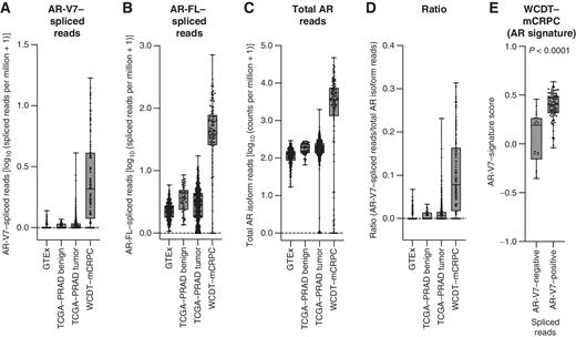 Figure 2. Enumeration of AR isoforms and AR-V7 signature scores in publicly available data sets. A–D, The number of reads corresponding to AR-V7 (splicing between exon 3 and cryptic exon 3, A), full-length AR (AR-FL, splicing between exon 3 and exon 4, B), mapped to the AR locus (C), and AR-V7/AR-FL read count ratio (D) are shown for the GTEx (n = 243), TCGA–PRAD benign (n = 52), TCGA–PRAD tumor (n = 499), and WCDT–mCRPC (n = 99) cohorts. Spliced read data (A–B) are shown as log10 (spliced reads per million + 1) and isoform-specific read data (C) are shown as log10 (read counts per million + 1). Box shows median and interquartile range; bars show minimum and maximum values. E, AR-V7–signature score for AR-V7–negative and –positive patients determined by AR-V7–spliced reads in the WCDT–mCRPC cohort. Box shows median and interquartile range; bars show minimum and maximum values. Statistical significance between differences was measured by the Welch t test.