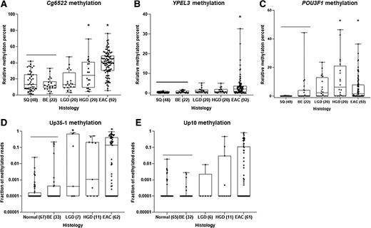 Figure 2. Dot-plot graphs of individual markers Cg6522, YPEL3, POU3F1, Up35-1, and Up10 (A, B, C, D, E, respectively) in DNA extracted from esophageal cytology brushing sample set 1 (training brushing sample set). Each sample was defined by histologic diagnosis, shown on x-axis, as determined by pathologist D. Reddi. The y-axis shows the relative methylation percent when compared with the reference gene C-LESS for total DNA, as measured by MS-ddPCR assays for each marker in (A), (B), (C). The fraction of methylated reads is plotted on the y-axis in (D) and (E). One way ANOVA was used to determine statistical significance between histologic groups based on relative methylation percent. P values < 0.01 when compared with SQ/Barrett's esophagus tissue are considered significant (*). BE, Barrett's esophagus.