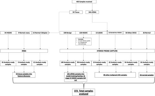 Figure 1. Sample summary and study workflow. Figure shows all samples used in the study. Samples are subdivided by sample type (tissue, cfDNA) and diagnosis (HGSOC, normal/benign, other EOC). The assay type for each sample (RRBS and hybridization probe capture) is shown. Samples excluded are indicated.