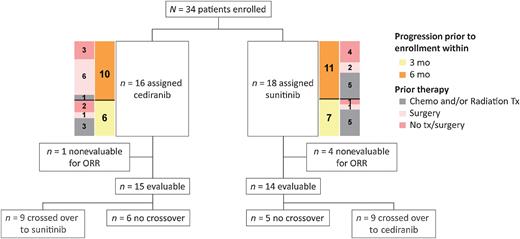 Figure 1. CONSORT diagram of the two-arm randomized trial. Patients were randomly assigned to either the cediranib arm or the sunitinib arm. Crossover was allowed at disease progression.