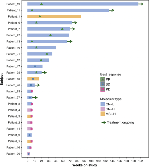 Swimmer plot of responses for all evaluable patients by molecular subtype. PD, progressive disease; PR, partial response.