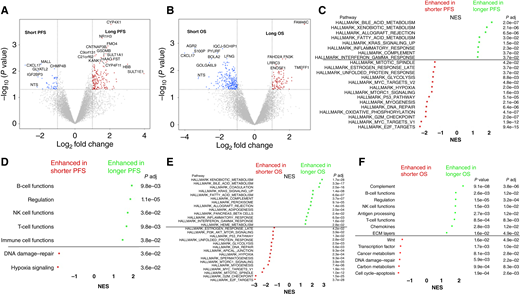 Volcano plots for changes in gene expression according to PFS (A) and OS (B) and changes in normalized enrichment scores (NES) for Hallmark signatures and immune cell signatures for gene expression according to higher PFS (C and D) and OS (E and F) following treatment with atezolizumab and bevacizumab for metastatic anal cancer.