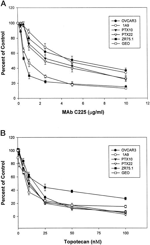 Fig. 1. Dose-dependent growth inhibitory effects of MAb C225 (A) or of topotecan (B) on the soft agar growth of human cancer cell lines. Data represent the average of three different experiments, each performed in triplicate; bars, SD.