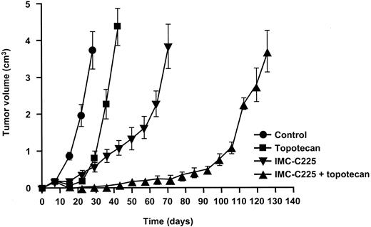 Fig. 3. Antitumor activity of topotecan and IMC-C225 on established GEO tumor xenografts (reproduced from Ref. 26). Mice were injected s.c. into the dorsal flank with 107 GEO cells. After 7 days (average tumor size, 0.2 cm3), the mice were treated i.p. with topotecan alone (2 mg/kg/dose, twice weekly on days 1 and 2 of each week for 2 weeks), with IMC-C225 alone (0.25 mg/dose, twice weekly on days 3 and 6 of each week for 5 weeks), or with both drugs. Each group consisted of 10 mice. Results are shown as mean ±SD.