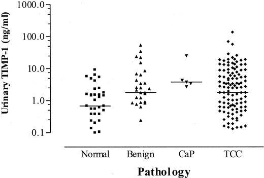 Fig. 1. Urinary TIMP-1 concentrations in patients with TCC of the bladder, carcinoma of the prostate (CaP), benign lower urinary tract conditions (Benign), and healthy volunteers (Normal). Bars, median urinary TIMP-1 concentrations.