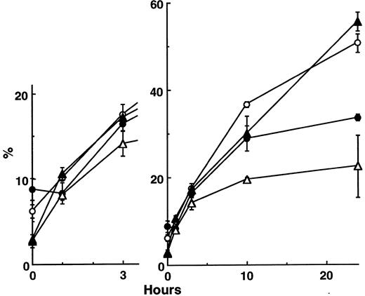 Fig. 2. Internalization of 111In-oligo complexes or 111In-oligo bound to SHIN3 ovarian cancer cells at 37°C. The percentage of the internalized radioactivity in the total bound radioactive is indicated. The left panel is a magnification of the lower left-hand corner of the right panel. 111In-oligo-carrier complexes internalized significantly higher than 111In-oligo at 24 h (P < 0.01 for 111In-oligo/G4; P < 0.0001 for 111In-oligo/G4-Av and 111In-oligo-Av). •, 111In-oligo/G4; ○, 111In-oligo/G4-Av; ▴, 111In-oligo-Av; ▵, 111In-oligo.