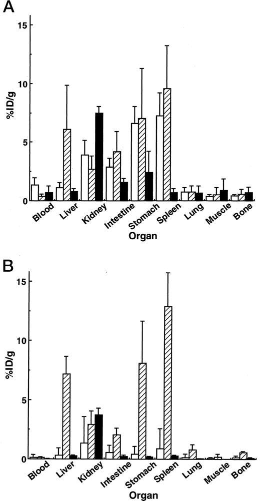 Fig. 3. Biodistribution of 111In-oligo complexes or 111In-oligo in normal mice 2 h (A) and 24 h (B) post-i.p. injection. □, In-oligo/G4; ▨, 111In-oligo-Av; ▪, 111In-oligo.